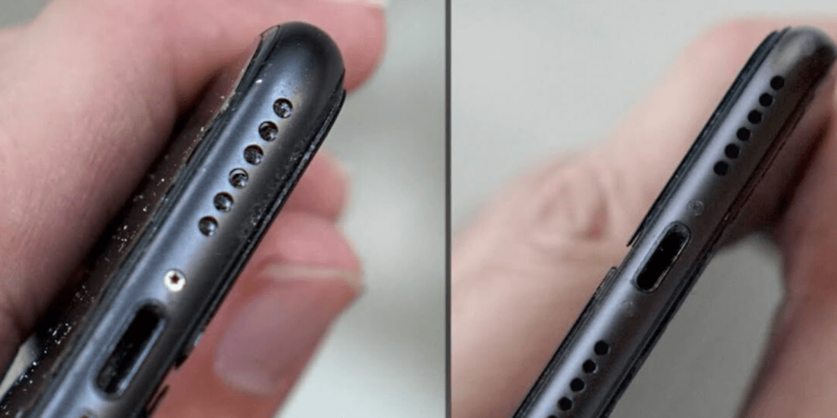 before and after picture of cleaning iphone speakers