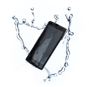 Smartphone with splashing of water or explosion flying in the air