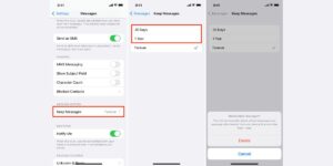 iPhone settings showing 'Keep Messages' options for auto-deleting texts after 30 days, 1 year, or forever