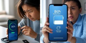Woman examining her phone battery health at 80%, looking worried and deciding whether to repair or replace the device