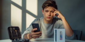 Young man looking confused while holding a phone with a repair kit and new phone box on the table.