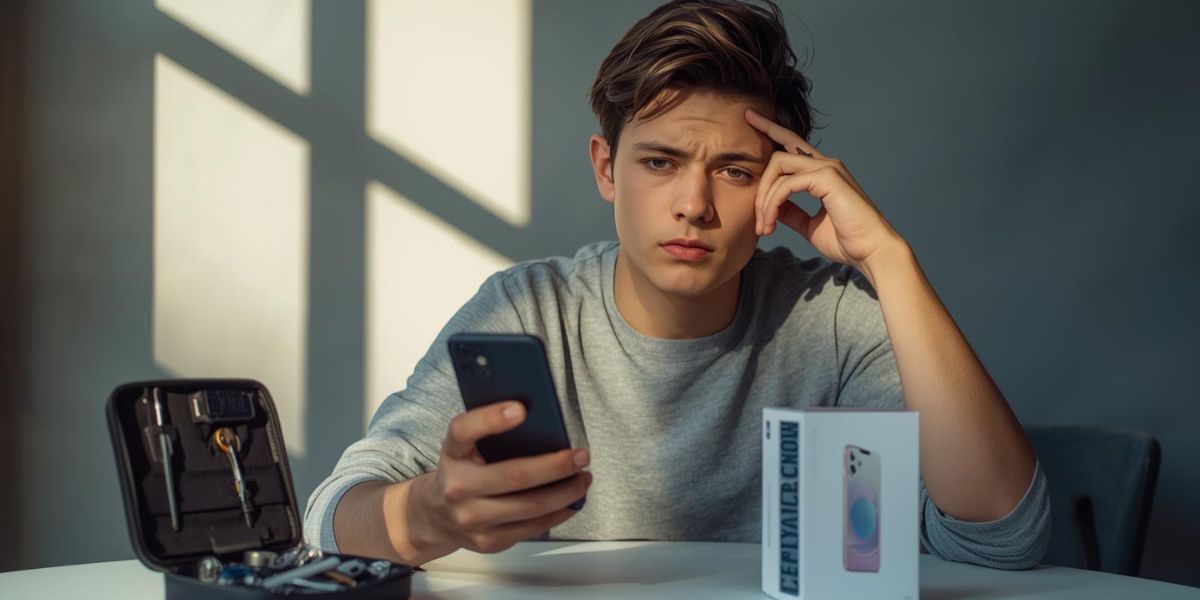 Young man looking confused while holding a phone with a repair kit and new phone box on the table.