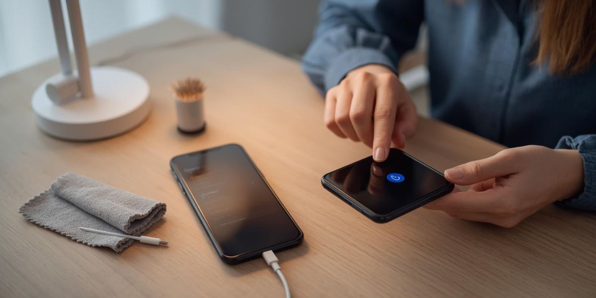 A woman presses a smartphone's screen showing a blue power icon, with repair tools and another phone on a wooden table nearby
