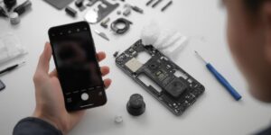 Person holding a smartphone while the phone’s camera is being repaired on a white surface with tools nearby
