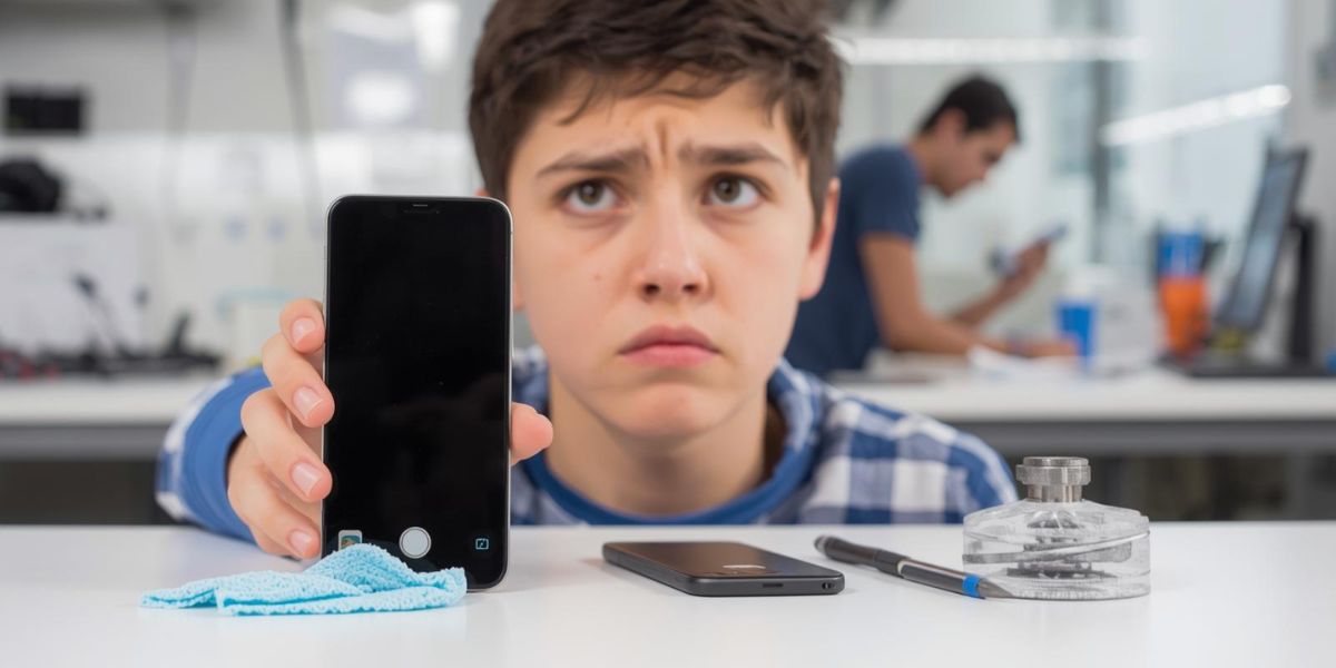 A worried young person holding a smartphone with a black screen, with cleaning cloth and tools on the table.