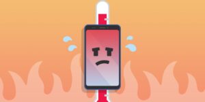 Illustration of an unhappy, overheating smartphone character centered on a high-temperature thermometer, surrounded by flames