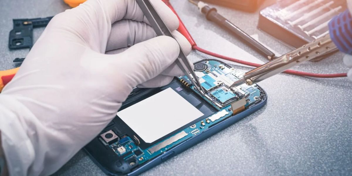 Technician in white gloves repairing a smartphone's motherboard with tweezers and a soldering iron on a work surface