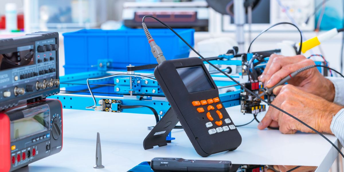 Technician using a handheld digital multimeter and probes to test a circuit board on a blue testing rig