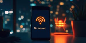 Smartphone showing an orange "No Internet" message and Wi-Fi icon in a dimly lit office setting