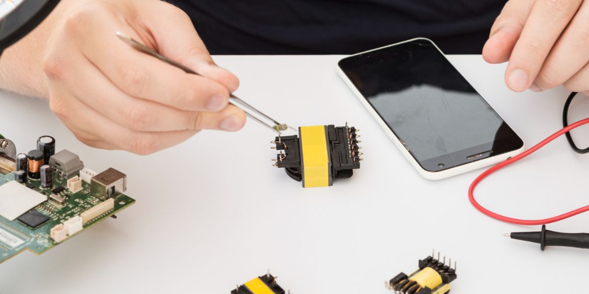 Technician using tweezers to handle a small yellow and black component near a disassembled smartphone