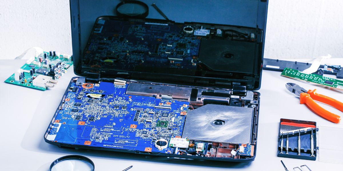 An open laptop reveals its blue motherboard and internal circuits, surrounded by repair tools and electronic components